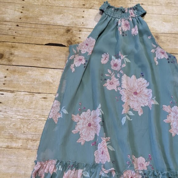 Mossy Green Floral Halter Drop Waist Dress - Picture 6 of 6